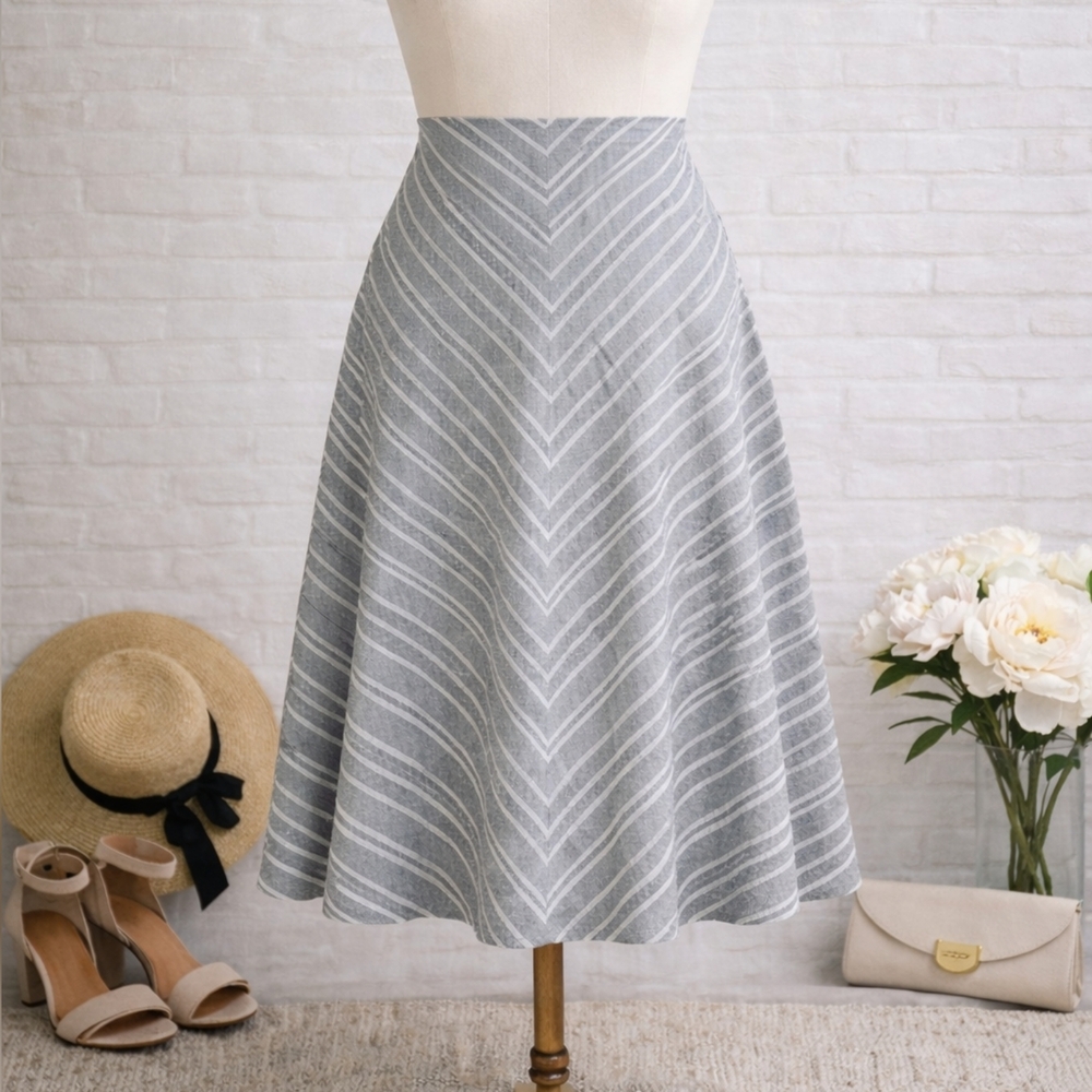 TALBOTS CHEVRON STRIPED LINEN MIDI SKIRT‎